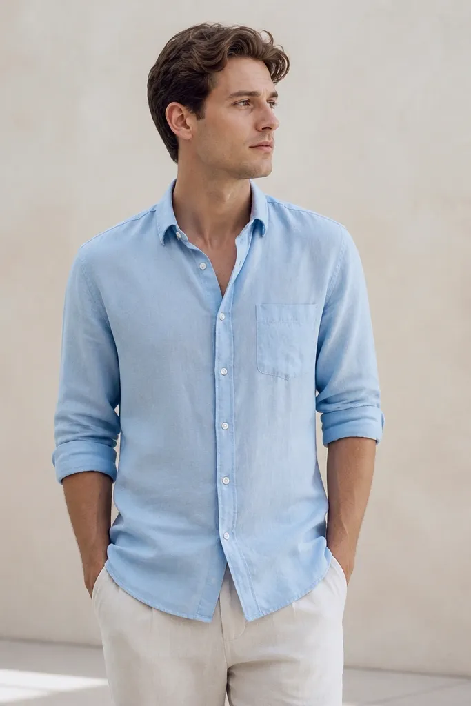 Beginner sky blue shirt outfit men looks