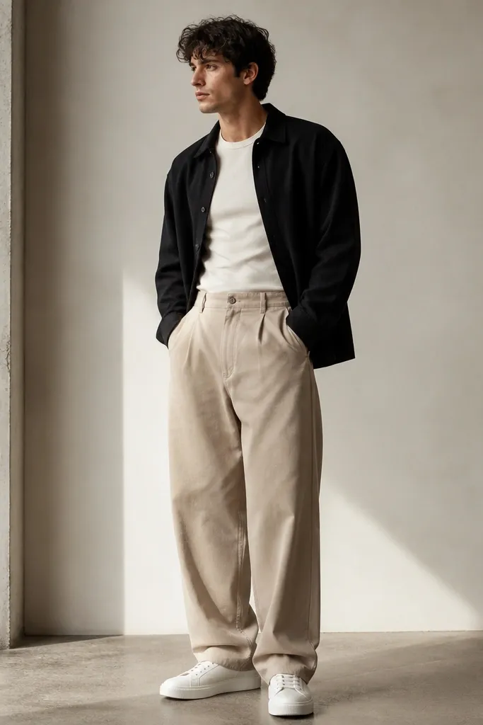 A man wearing beige baggy pants with a cream fitted T-shirt tucked to the natural waist, a black overshirt layered on top, and clean white low-top sneakers. The pants have visible volume in the thighs and a slight stack at the shoes.
