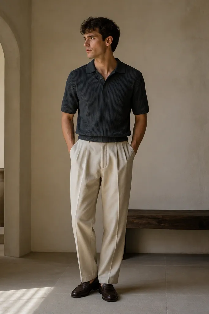 A man in beige baggy pants paired with a charcoal ribbed knit polo, sleeves ending at mid-bicep, and dark brown leather loafers. The polo is tucked with a slight roll at the hem.