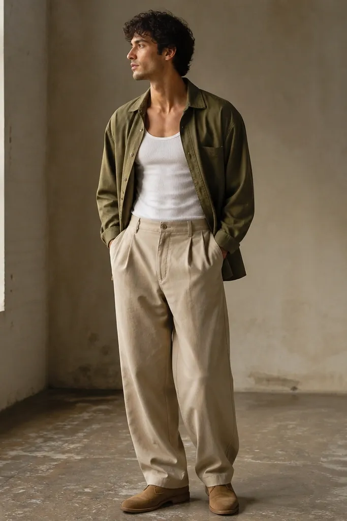 A man wearing beige baggy pants with a white ribbed tank top underneath an olive overshirt, plus tan suede chukka boots. The overshirt is open, showing the tank and creating a layered V shape.