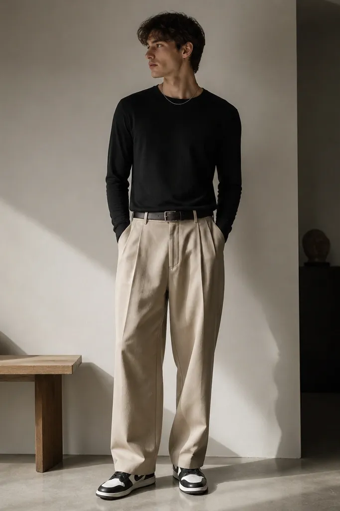 A man in beige baggy pants with a black long-sleeve fitted tee tucked in, a thin silver chain visible above the neckline, and black-and-white low sneakers. The outfit looks minimal and monochrome on top.