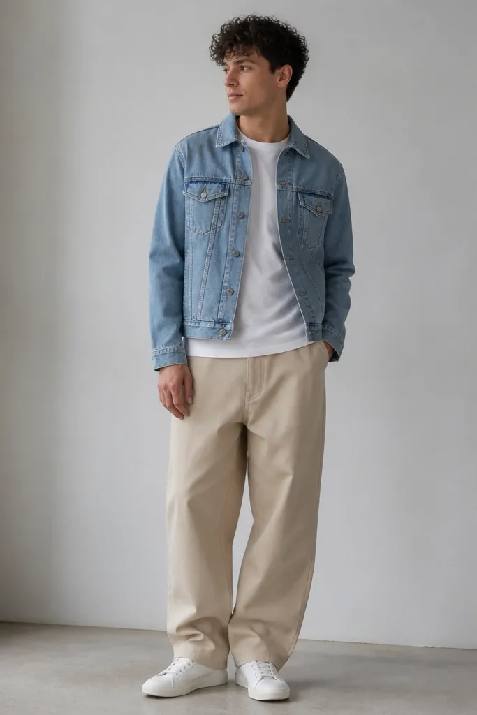 A man wearing beige baggy pants with a white tee and a light blue denim jacket. The jacket sits at the mid-hip and the sleeves are buttoned to show a clean cuff. Shoes are white leather sneakers.