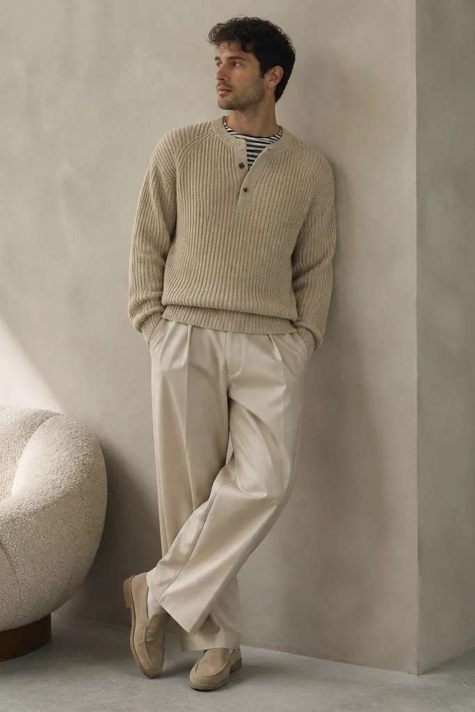 A man in beige baggy pants wearing a sand-colored knit cardigan over a black-and-white striped tee. The cardigan is buttoned at the top two buttons and the tee peeks at the neckline. Shoes are beige suede slip-ons.