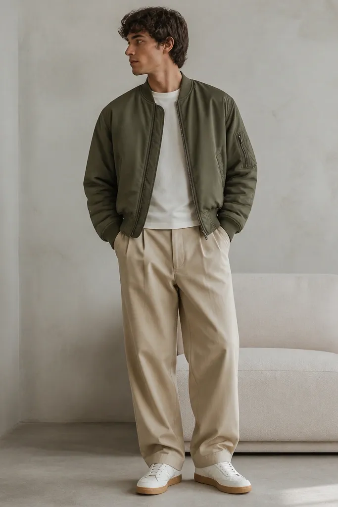 A man wearing beige baggy pants with an off-white tee, an olive bomber jacket with ribbed cuffs, and white sneakers with a gum sole. The bomber sits at the waist and the pants hem stacks slightly.