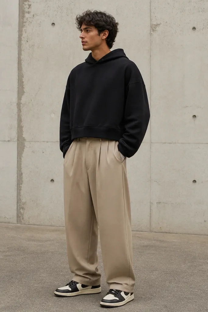 A man in beige baggy pants with a black hoodie (hood flat, sleeves slightly loose) and black-and-cream high-top sneakers. The hoodie hem sits above the waistband, and the pants have a clear drape down to the shoes.