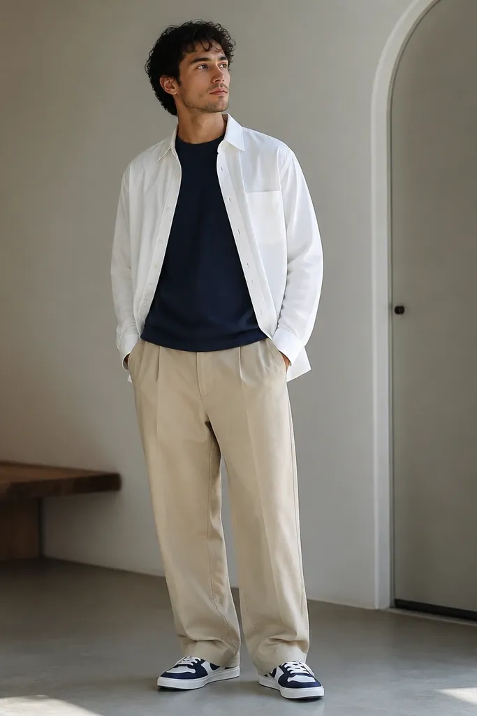 A man wearing beige baggy pants with a navy crewneck tee under a white overshirt. The overshirt is unbuttoned, showing the navy tee. Shoes are navy-and-white sneakers.