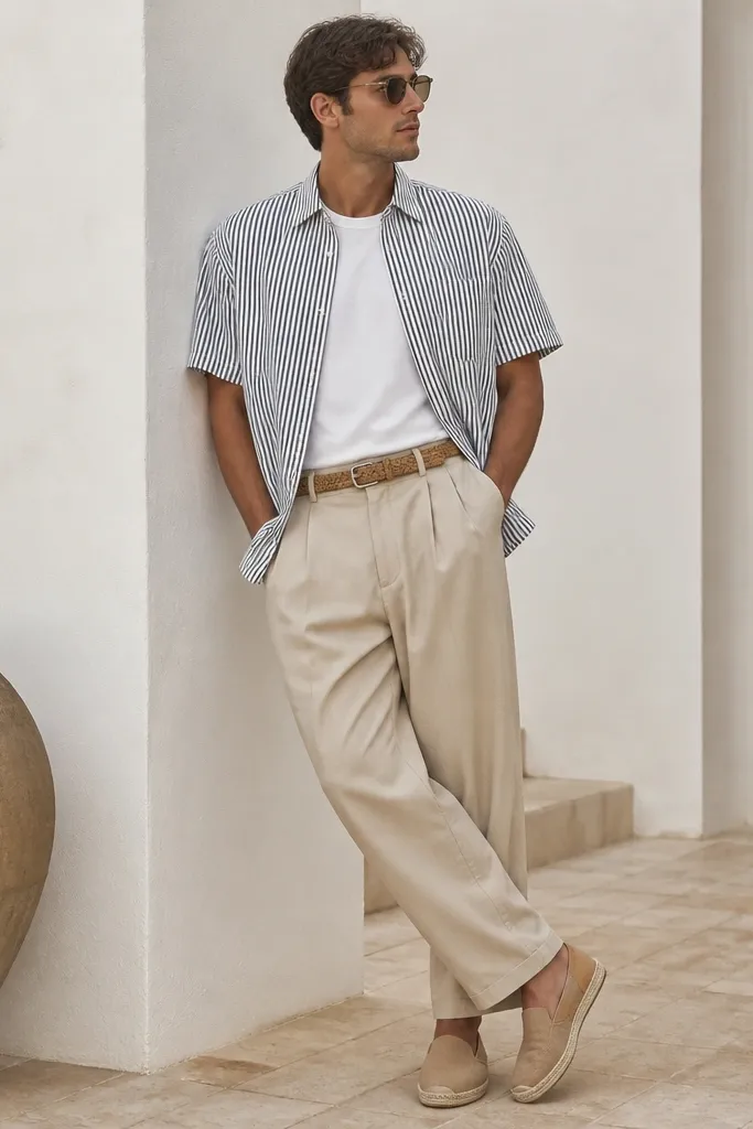 A man in beige baggy pants wearing a short-sleeve button-up with thin navy stripes on white. The shirt is worn open over a plain white tee. He wears tan espadrilles and a woven belt.