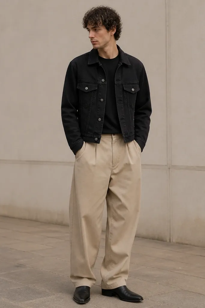 A man wearing beige baggy pants with a black crewneck tee and a black denim jacket. The jacket is slightly cropped at the waist. He wears black boots with a slim profile.