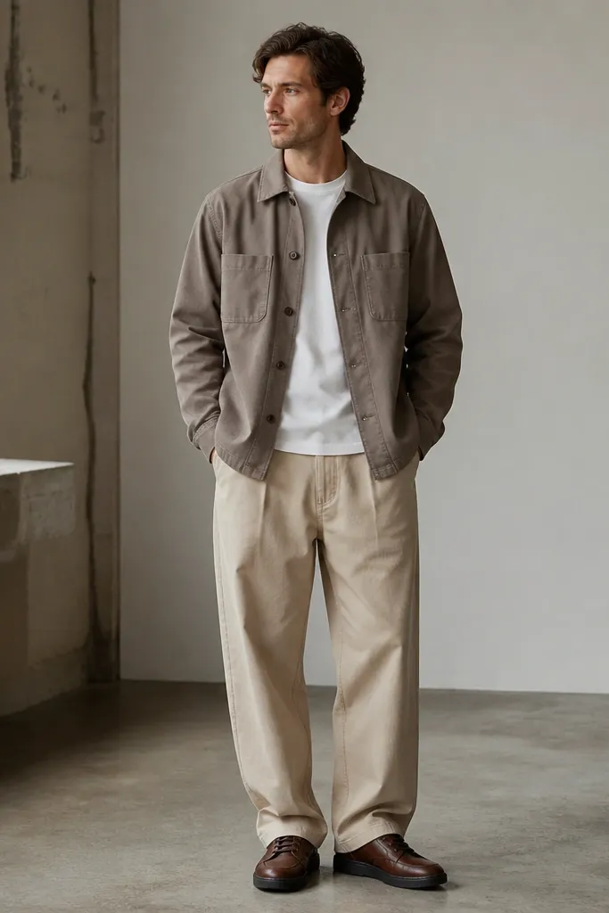 A man wearing beige baggy pants with a white tee and a taupe chore coat. The coat has large chest pockets and a straight hem. Shoes are dark brown leather sneakers or low boots.