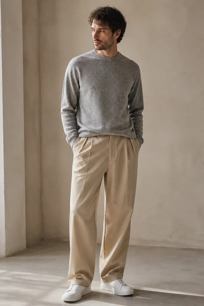 A man in beige baggy pants wearing a heather grey crewneck sweater, slightly tucked at the front, with white leather sneakers. The sweater cuffs show at the wrists and the pants have a soft drape.
