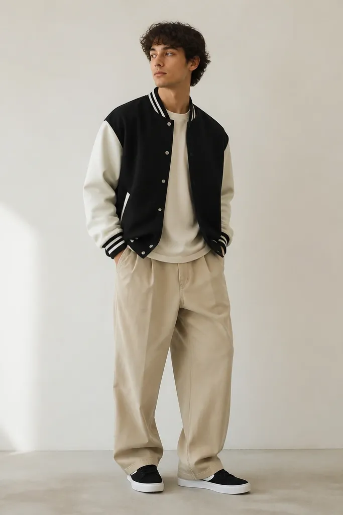 A man wearing beige baggy pants with a black-and-white varsity jacket over a cream tee. The jacket has ribbed collar and cuffs. He wears black sneakers with a white sole.