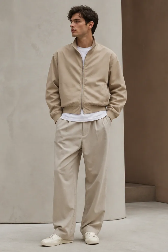 A man wearing beige baggy pants with a white long tee that is slightly cropped at the hem, plus a sand bomber jacket. Sneakers are off-white. The bomber is zipped and ends around the waist.