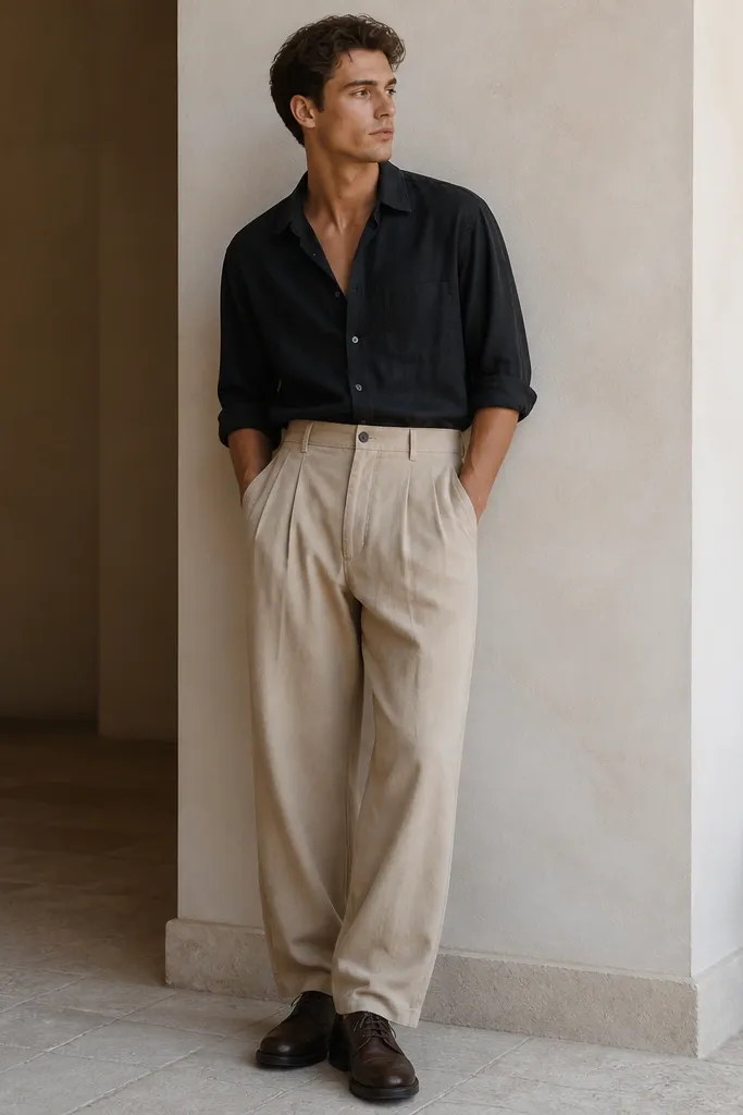 A man wearing beige baggy pants with a black button-down shirt tucked in, sleeves rolled to mid-forearm, and dark brown leather lace-up shoes. The shirt is unbuttoned at the collar.