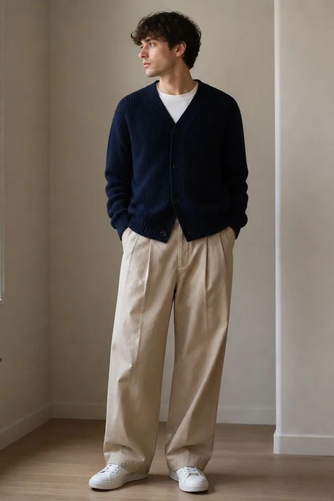 A man wearing beige baggy pants with a navy knit cardigan over a white tee. The cardigan is buttoned and the hem lands around the hips. He wears white sneakers.