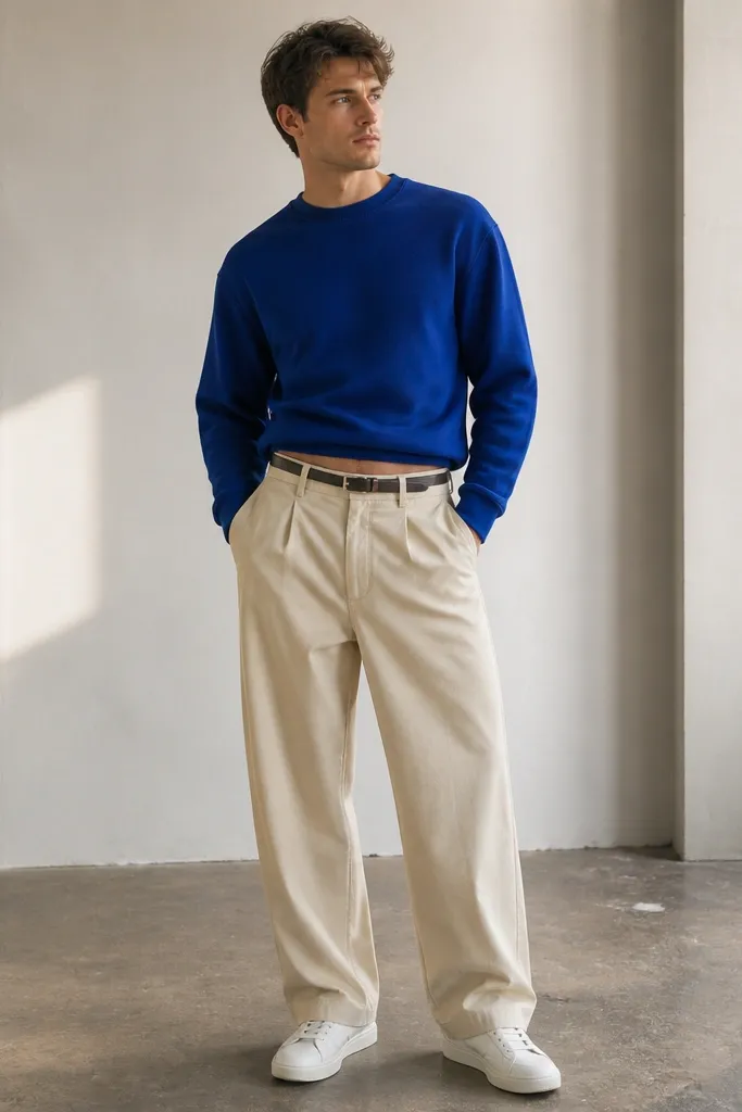 A man wearing beige baggy pants with a cobalt blue crewneck sweatshirt and white trainers. The sweatshirt is slightly cropped at the waist, showing the beltline.