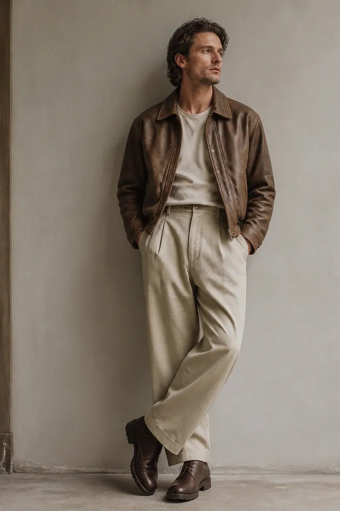 A man wearing beige baggy pants with a cream tee tucked in and a worn brown leather jacket. The jacket has a slightly cropped hem and visible seams. Shoes are dark brown boots.