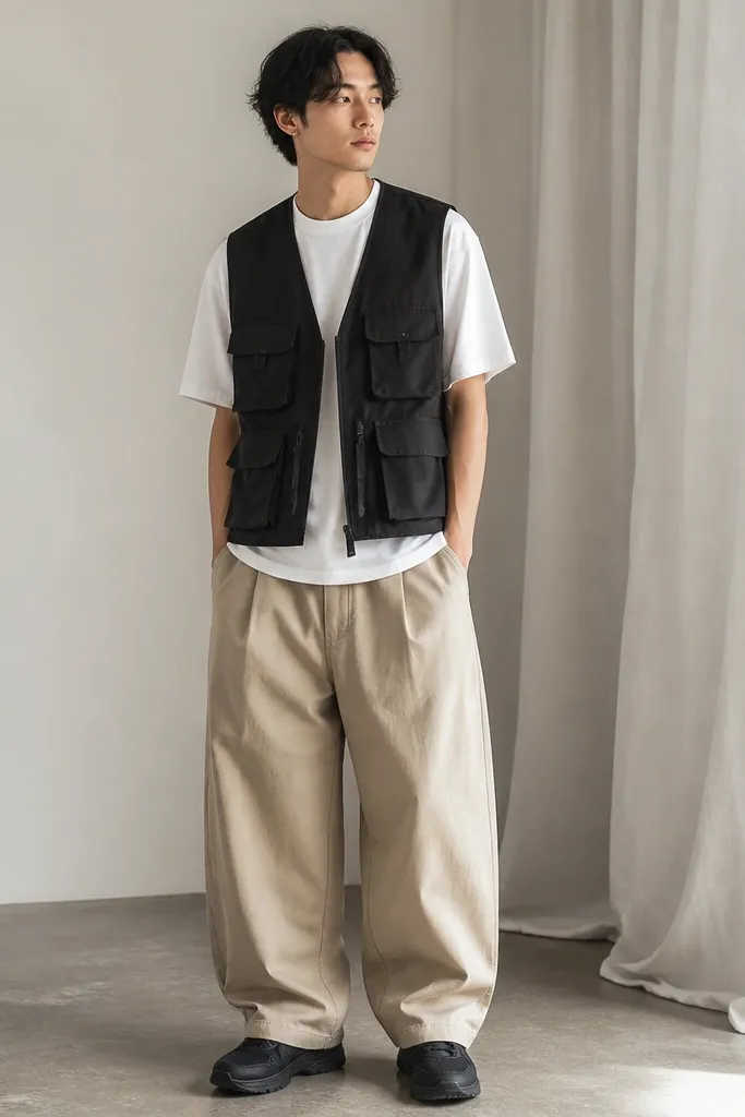 A man wearing beige baggy pants with a white tee and a black utility vest layered on top. The vest has multiple pockets and a slightly structured shape. He wears black sneakers.