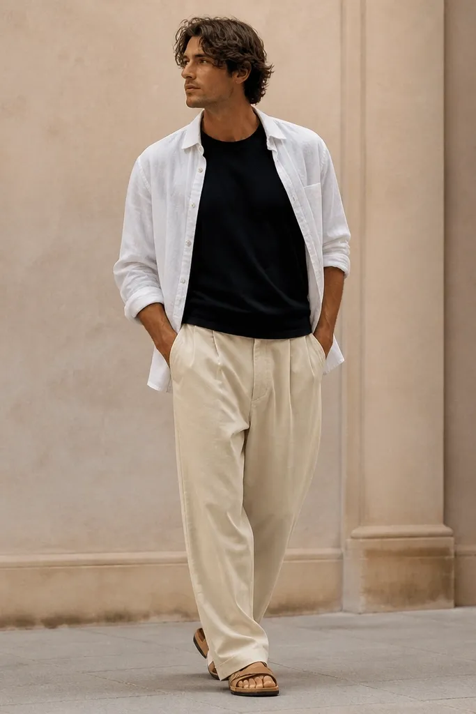 A man wearing beige baggy pants with a black crewneck tee and an open white linen button-up. The linen shirt is slightly wrinkled naturally and the sleeves are rolled. He wears tan sandals or light sneakers.