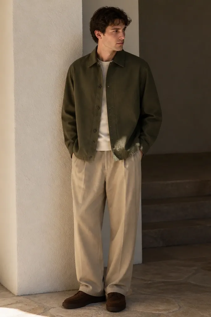 A man wearing beige baggy pants with a cream tee and a dark olive overshirt buttoned at the front. The overshirt has a slightly boxy fit and a structured collar. Shoes are dark brown suede sneakers.