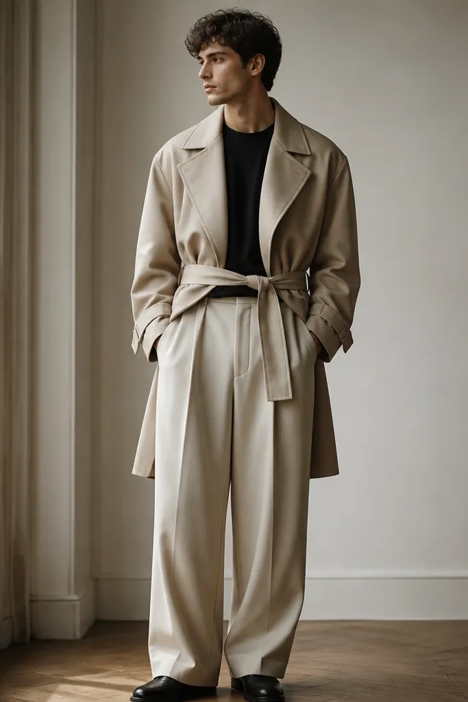 A man wearing beige baggy pants with a black tee tucked in and a beige trench-style coat that ends around mid-thigh. The coat has a belt tied at the waist and the sleeves are slightly rolled down.