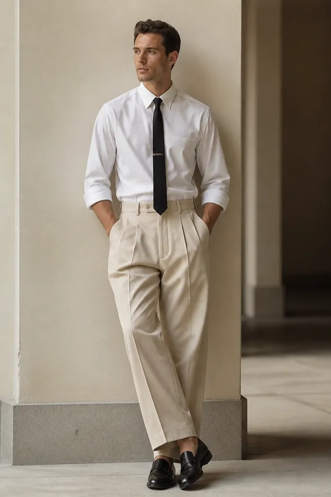 A man wearing beige baggy pants with a white button-down shirt, sleeves rolled to mid-forearm, and a black tie bar at the center. He wears black loafers or dress shoes.