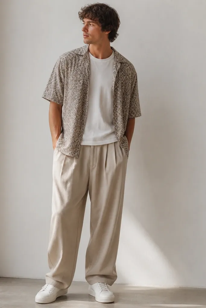 A man wearing beige baggy pants with a small geometric print short-sleeve shirt over a white tee. The patterned shirt is open at the front and the collar is relaxed. Shoes are white sneakers.