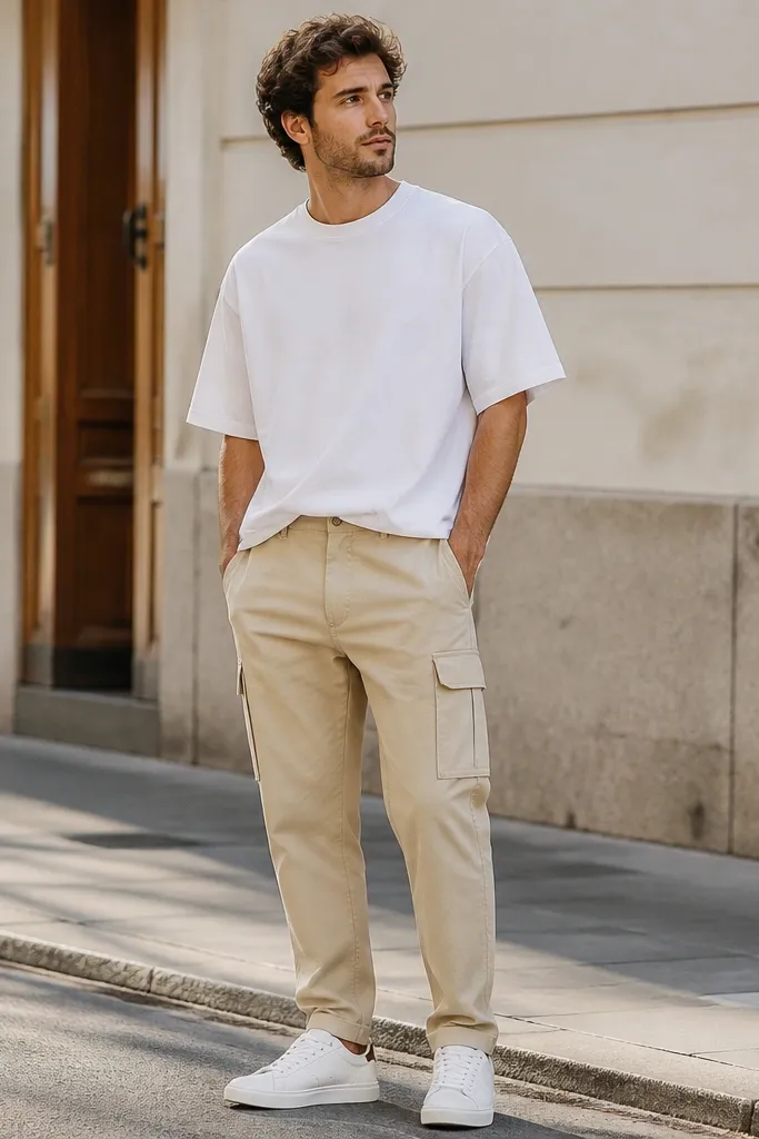 A man wearing warm oatmeal beige cargo pants with visible side pockets and a slightly tapered leg. He has a white boxy crewneck T-shirt tucked loosely at the front, and clean white low-top sneakers. Background looks like a casual street setting with daylight showing the fabric texture.