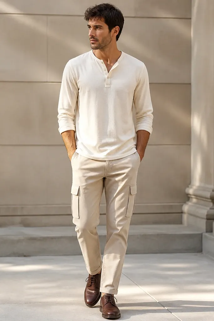 A man dressed in stone beige cargo pants with flap pockets. He wears a cream henley with three buttons, sleeves slightly rolled, paired with dark brown leather derby shoes. The scene is outdoors with soft shadows, showing the leather texture and pant stitching.