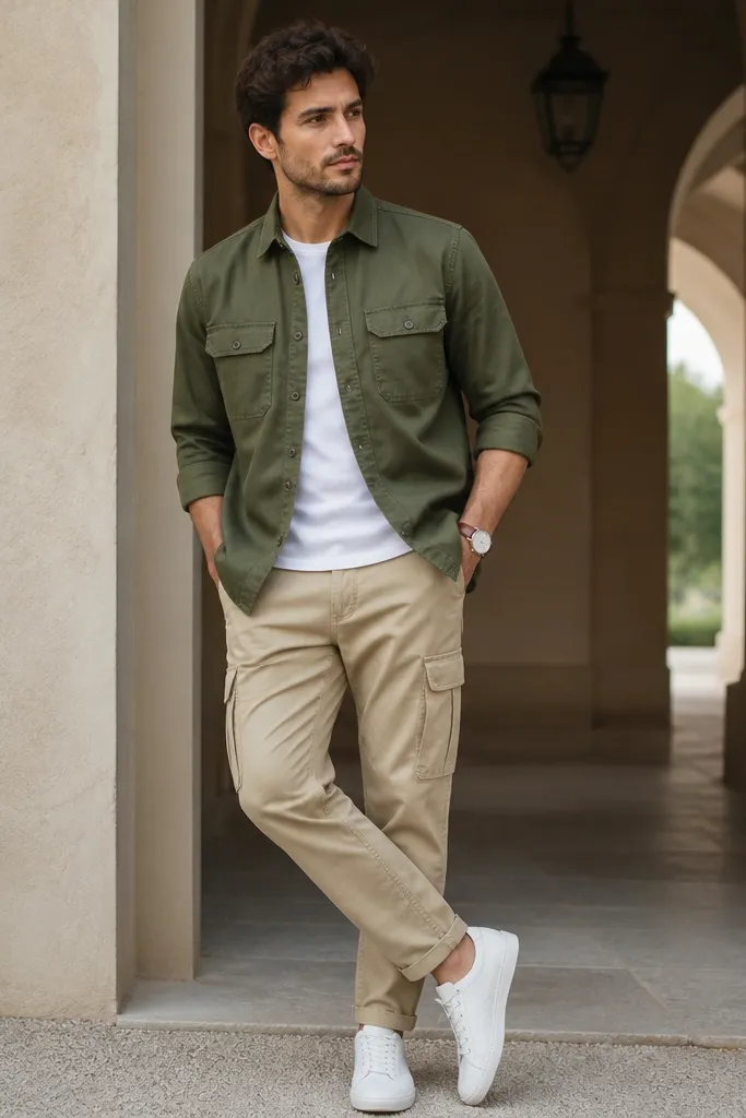A man wearing olive green overshirt layered over a white T-shirt, with beige cargo pants. The overshirt is buttoned halfway, showing a collar and chest pockets. He wears simple white sneakers and a watch with a brown strap.