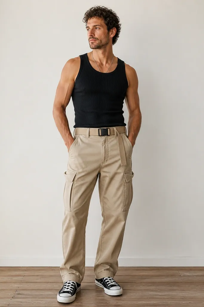A man wearing a black ribbed tank top tucked into beige cargo pants. The cargo has side pockets and a relaxed tapered fit. He wears a canvas belt in natural tan and black-and-white low sneakers. Lighting is bright, showing ribbing texture.