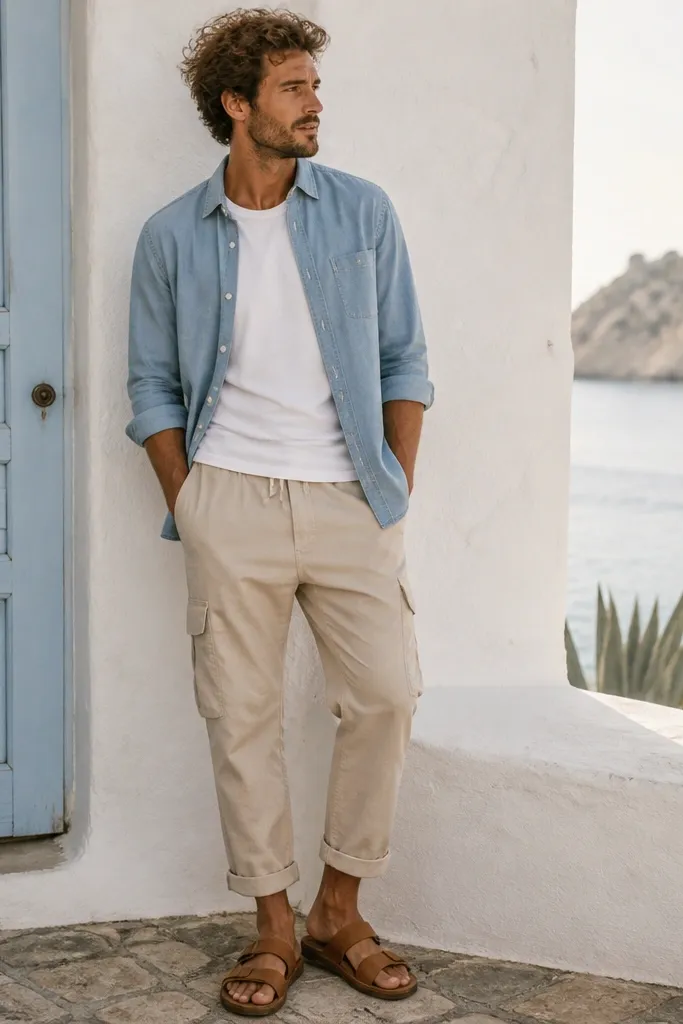 A man wearing a light blue chambray button-down over a white tee, sleeves rolled to the forearm. Beige cargo pants are cuffed slightly at the hem. Tan leather sandals are on his feet, and the outfit looks like a beach-town day.