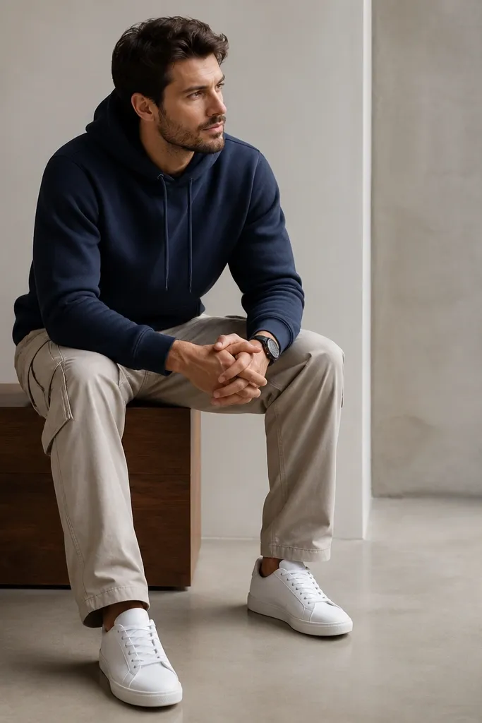 A man wearing a navy pullover hoodie with the hood down, paired with beige cargo pants. He has white leather sneakers with a low profile and a simple black watch. The hoodie fabric looks thick and matte.