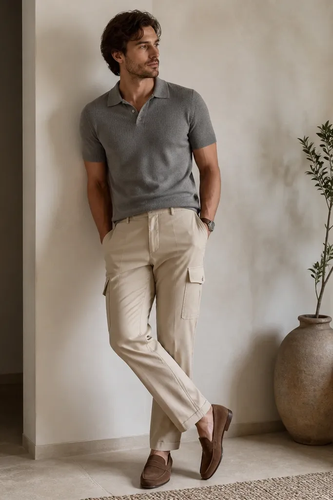 A man wearing a medium gray knit polo shirt with short sleeves. He pairs it with beige cargo pants and brown suede loafers. The shirt is tucked neatly at the front and the look feels semi-casual.