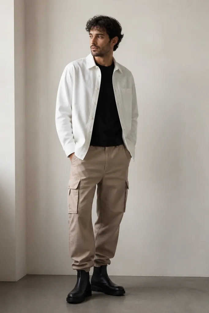 A man wearing a white overshirt over a black crewneck, paired with beige cargo pants. He has black leather boots with a clean silhouette. The overshirt is unbuttoned, showing a bold contrast.