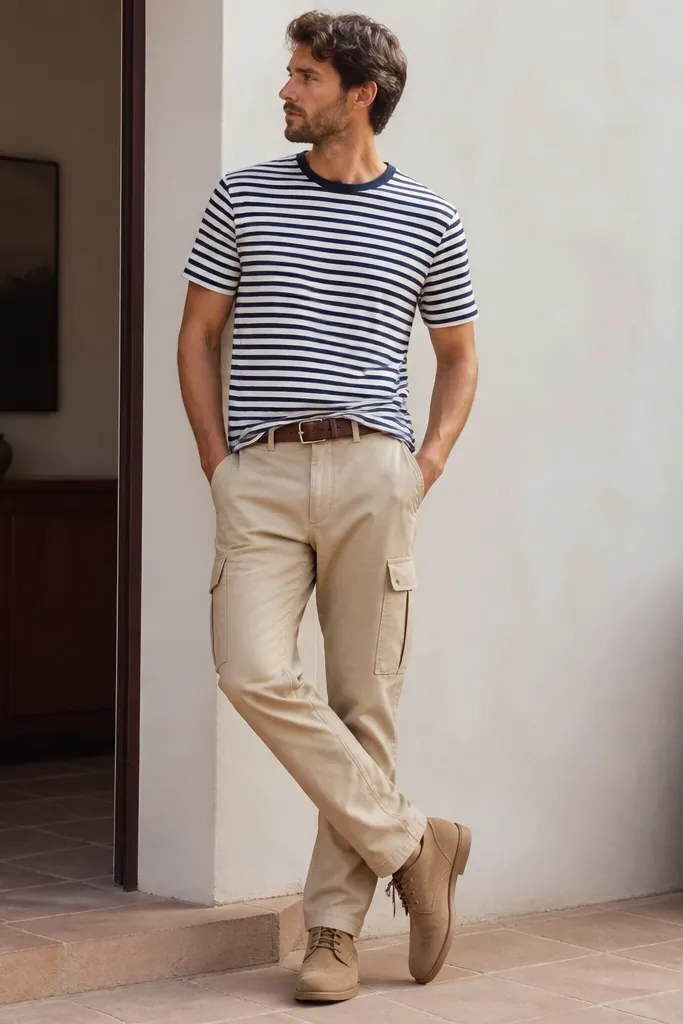 A man in beige cargo pants wearing a navy-and-white striped T-shirt. He has tan suede chukka boots and a brown belt. The striped shirt is tucked at the front and the boots show suede texture.