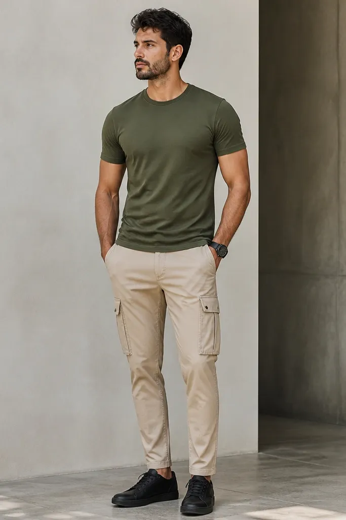 A man wearing an olive green fitted T-shirt with beige cargo pants. He has minimal black sneakers and a black watch. The cargos have a tapered fit and clean hem.