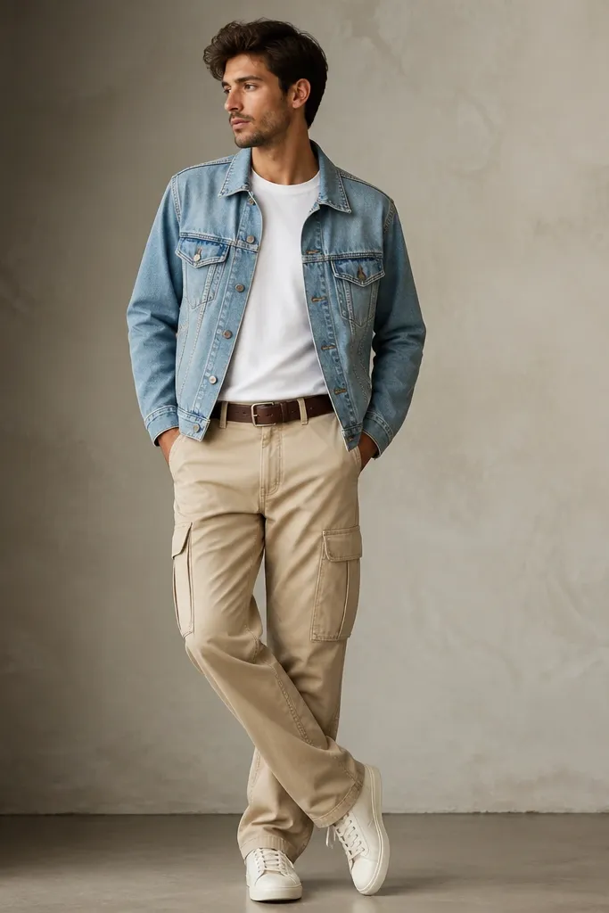 A man wearing a light blue denim jacket over a white T-shirt, with beige cargo pants. He has a dark brown belt and white sneakers. The jacket shows contrast stitching and a classic trucker shape.