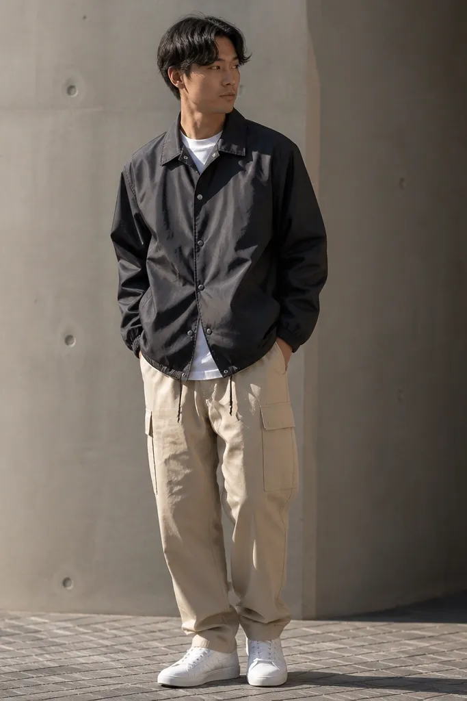 A man wearing a charcoal coach jacket with snap buttons and a slightly shiny matte finish. Beige cargo pants are worn with white sneakers. A white tee peeks out at the collar, and the outfit looks like late-summer street style.