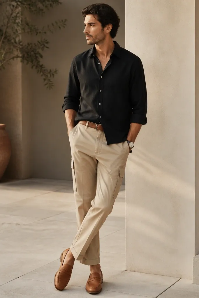 A man wearing a black button-up shirt with sleeves rolled once, paired with beige cargo pants. The shirt is half-tucked and the belt is brown leather. He wears tan leather loafers and has a simple watch.
