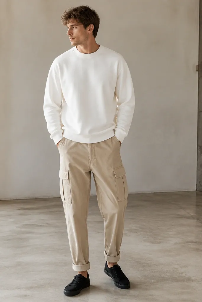 A man in sand beige cargo pants wearing a white sweatshirt. The sweatshirt is slightly oversized but not baggy, and he wears minimal black sneakers. The pants have a visible cuff and side pockets.