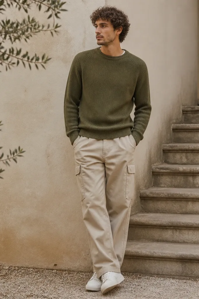 A man wearing an olive knit crewneck sweater with a ribbed collar and cuffs. He pairs it with beige cargo pants and white sneakers. The knit has a visible texture, and the outfit looks like early fall.