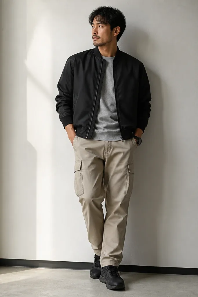 A man wearing a black bomber jacket with ribbed cuffs and collar. Underneath is a gray crewneck tee, paired with beige cargo pants. He wears dark sneakers and a black watch. The bomber has a smooth finish.