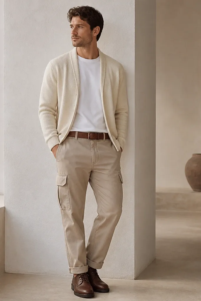 A man wearing a cream cardigan with subtle rope trim at the edges, over a white tee. Beige cargo pants are worn with the hem slightly cuffed. He has brown leather shoes and a tan belt.