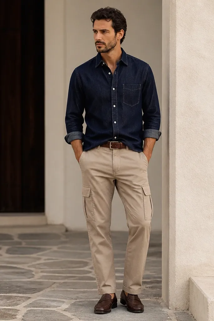 A man wearing a navy denim button-down shirt tucked at the front with beige cargo pants. Dark brown loafers are paired with a brown leather belt. The shirt has visible denim texture and contrast stitching.
