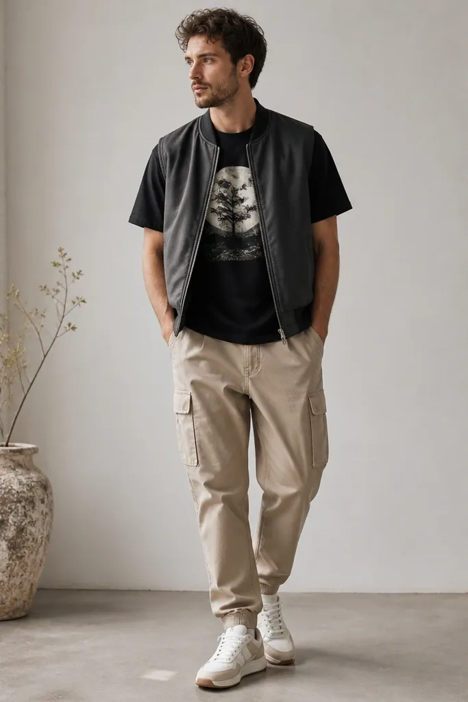 A man wearing a black graphic T-shirt under a sleeveless bomber vest in dark gray. Beige cargo pants are worn with clean sneakers. The vest has a zipper and ribbed armholes, and the graphic is centered on the chest.