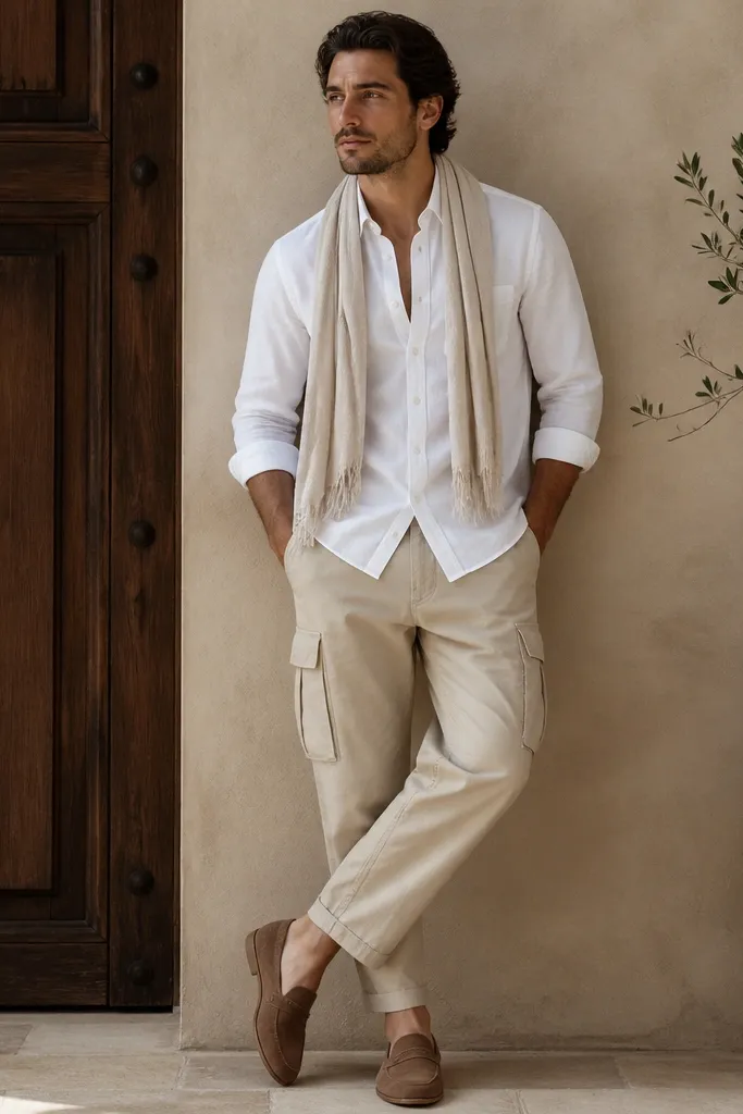 A man wearing a white button-down shirt with the top button undone and a light neutral scarf draped loosely at the neck. He wears beige cargo pants and brown loafers. The scarf looks lightweight and matte.