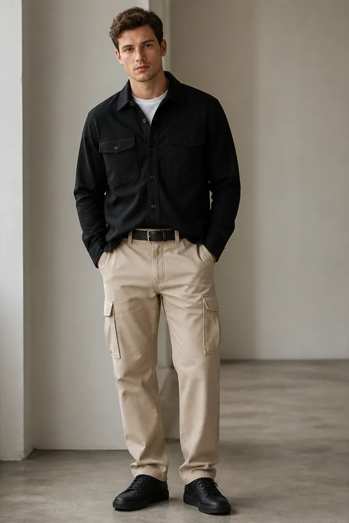 A man wearing a black overshirt over a white crewneck. The overshirt is buttoned, with a collar and chest pockets. Beige cargo pants are worn with black sneakers and a black belt.