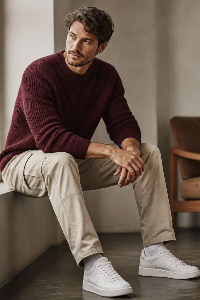 A man wearing a maroon knit sweater with a crew neck and ribbed cuffs. Beige cargo pants are paired with clean white sneakers. The sweater looks thick enough for fall, and the pants show pocket stitching.