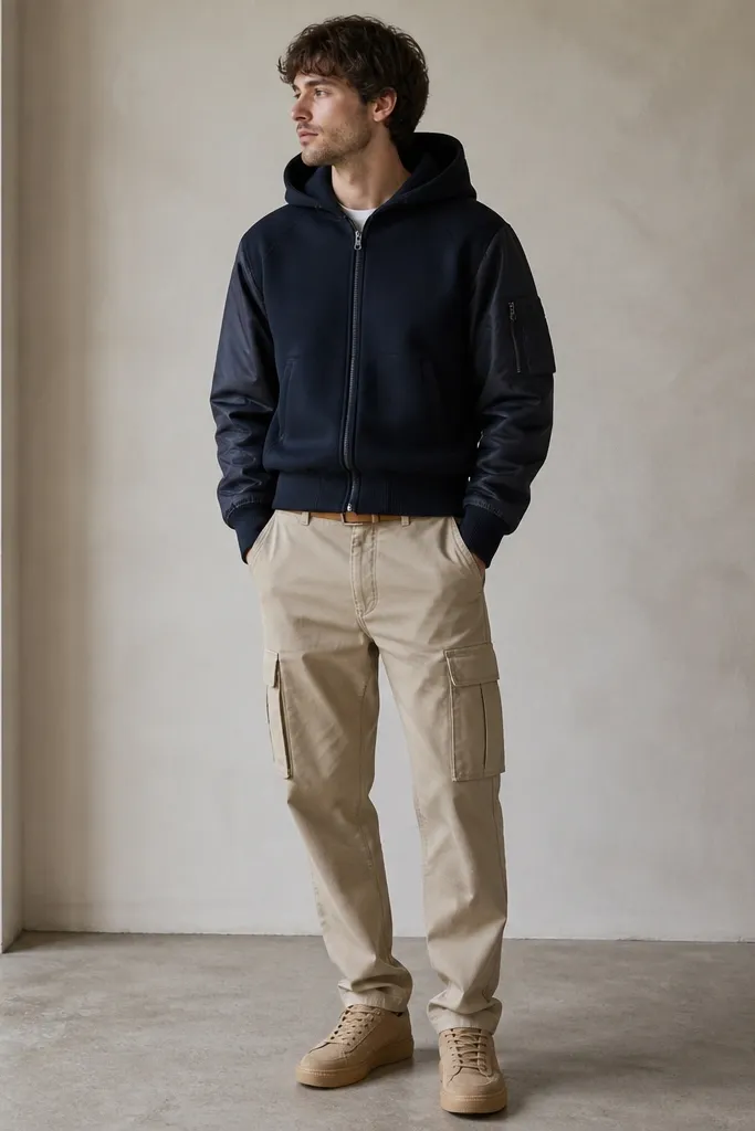 A man wearing a navy hoodie with bomber-style sleeves (contrasting fabric) and beige cargo pants. He wears tan suede sneakers and a tan belt. The hoodie has a front zipper and ribbed hem.
