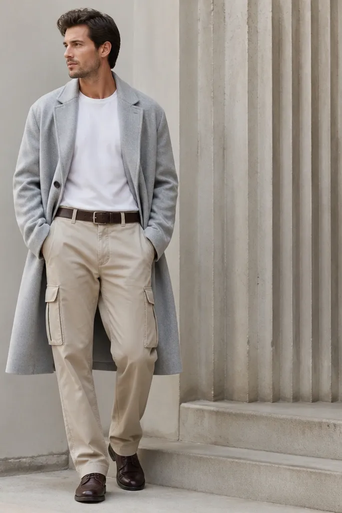 A man wearing a light gray overcoat over a white tee, with beige cargo pants underneath. He has dark brown leather shoes and a simple belt. The coat is knee-length but looks casual because it's worn open.